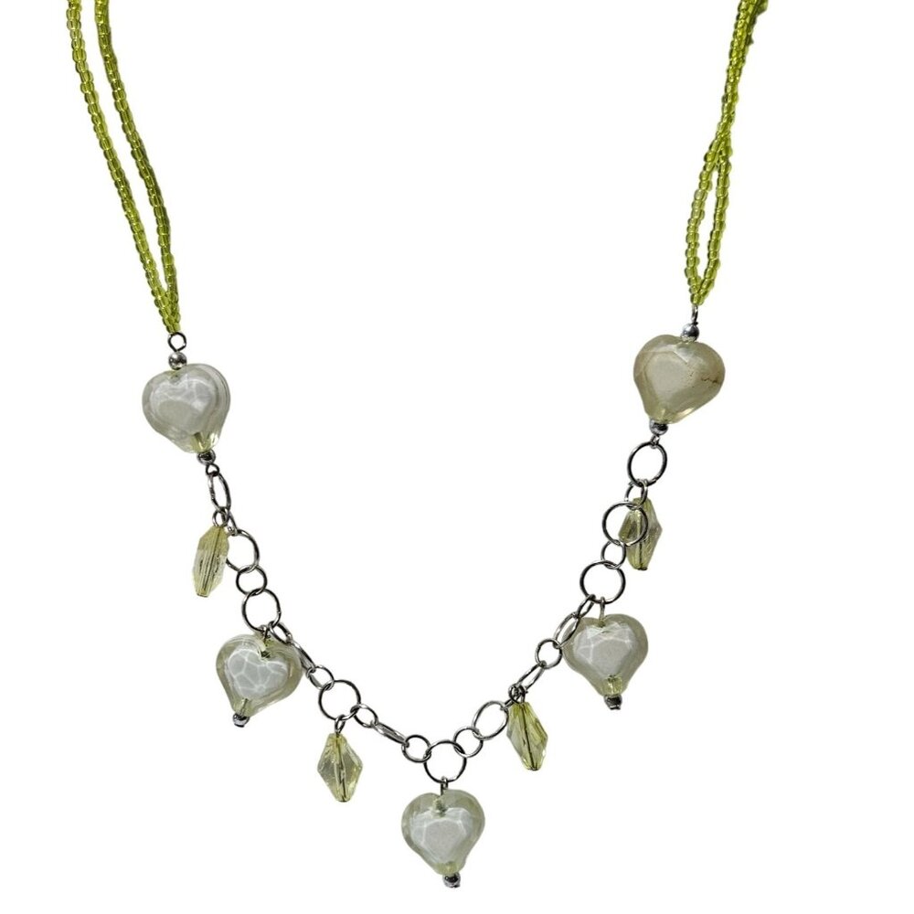 Retro Heart Teardrop Green Beaded Charm Necklace 80s Fashion Jewelry Women
